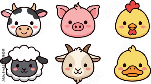 Kawaii flat vector close up farm animal faces smiling cow pig chicken sheep goat and duck in neat soft pastel background