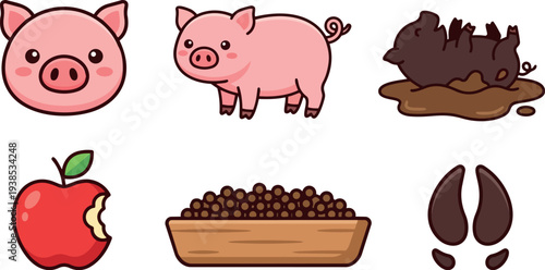 Flat design cute pig icon set showing face full body rolling in mud apple trough and hoof prints front closeup