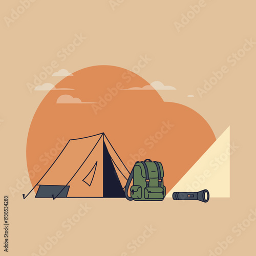 A minimalist illustration of a camping tent, backpack, and flashlight set against a warm-toned abstract background.