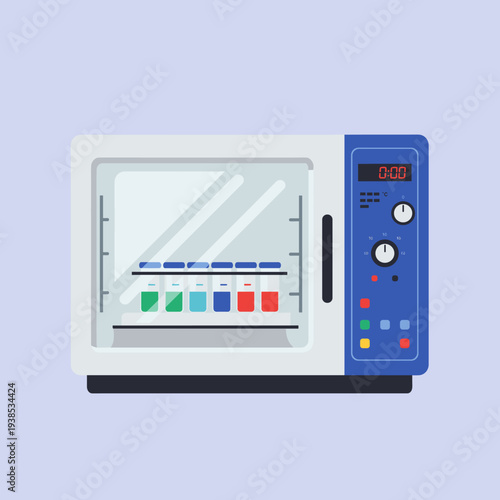 A laboratory incubator with test tubes containing colorful liquids, used for scientific experiments.