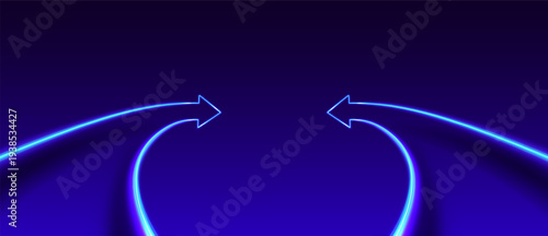 Neon arrows pointing toward the center. Focus on target. Data centralization. Futuristic neon blue glowing arrows.