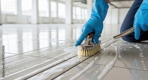 Person wearing blue gloves performs floor cleaning with brush and sudsy solution on light tiles. Detailed floor cleaning process involves scrubbing grout lines, removing dirt from surface.