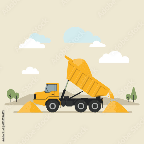 Yellow dump truck unloading sand at a construction site under a cloudy sky.