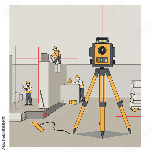 Construction workers use a laser level to ensure accurate measurements and alignment during a building project.