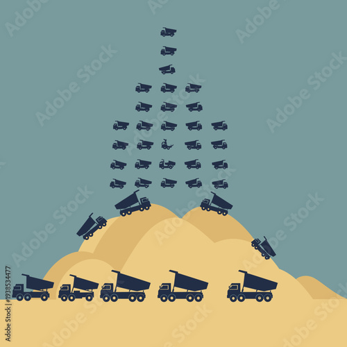 Numerous dump trucks creating and moving a large pile of sand or dirt, illustrating a busy construction or mining operation.