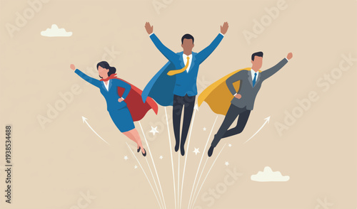 Professional people to help business success, teamwork or unity, super power to grow business fast, strength team support concept, business people team members superhero flying high in the sky.