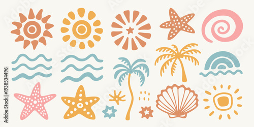 Summer themed illustrations suns waves stars and tropical elements