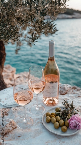 Cold rose Provencal wine in glass served in sunlights on outdoor terrace with view on old fisherman's harbour. Luxury concept winery or restaurant design. Seaside vacation holiday, happy mood