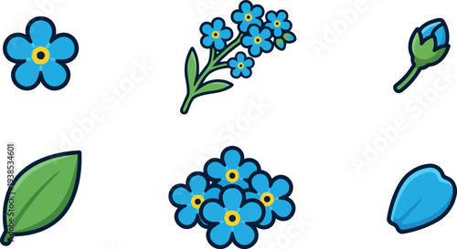 Flat design close up myosotis flower icons set with blue blossoms bud leaf and petals on white background outlined