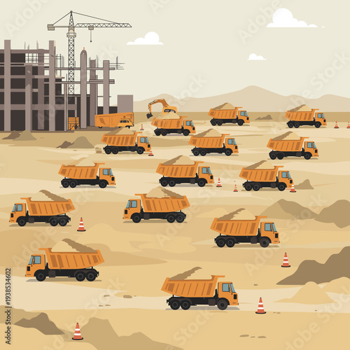 A large fleet of orange dump trucks and an excavator working on a construction site with an unfinished building and crane under a cloudy sky.