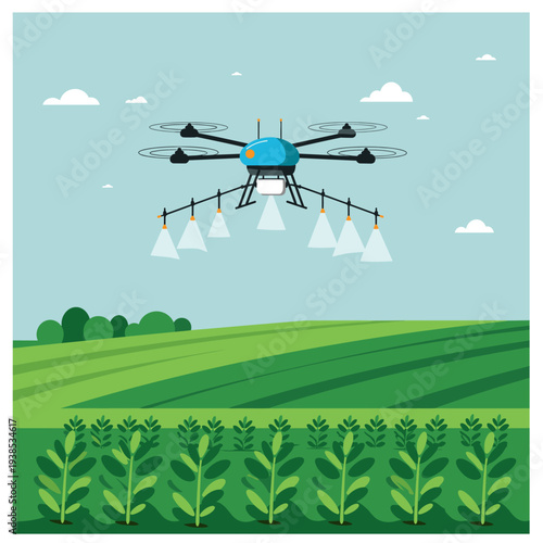 An agricultural drone flying over a vibrant green field, precisely spraying crops for modern farming.