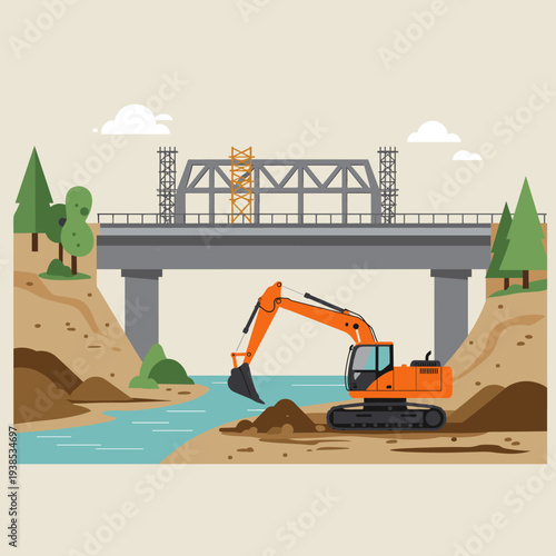 An orange excavator works by a river under a bridge being constructed, surrounded by trees and natural landscape.