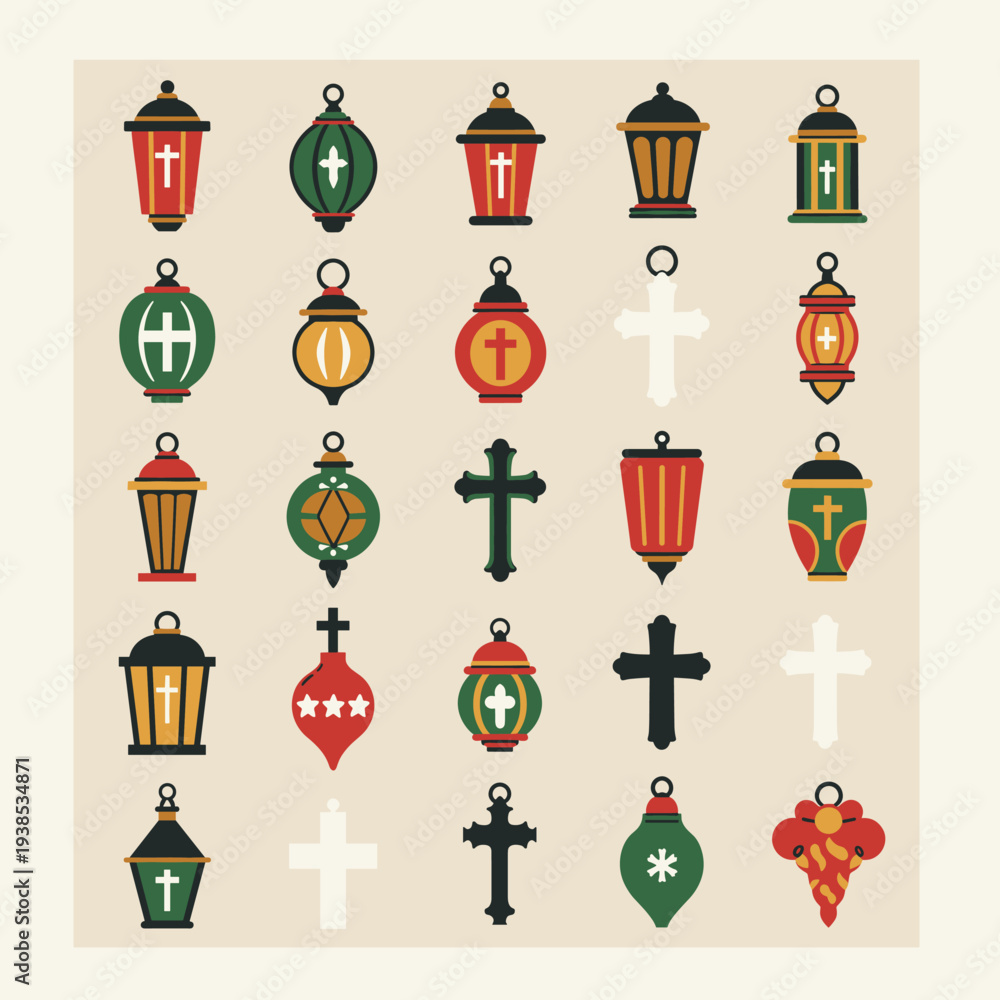 Naklejka premium A collection of festive Christmas and religious ornaments, including lanterns and crosses, in a flat vector style.