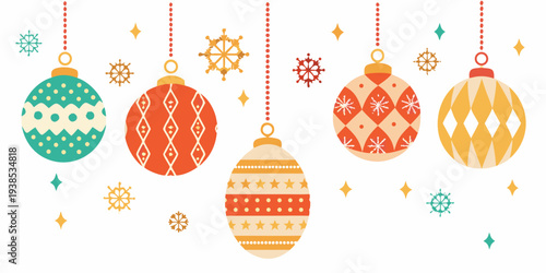 Festive christmas ornaments in various colors and patterned designs hang playfully