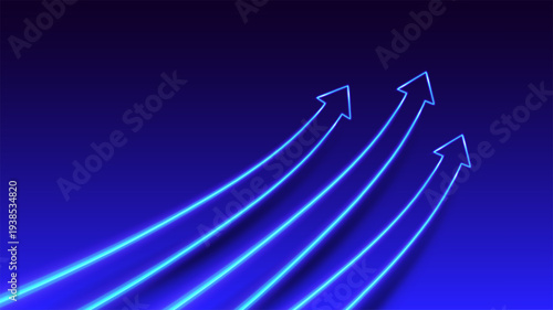 Three gloving arrows showing up. Neon arrows upward. Bussines and financial strategy. Growth, synergy, success. Futuristic tech concept on dark gradient background.
