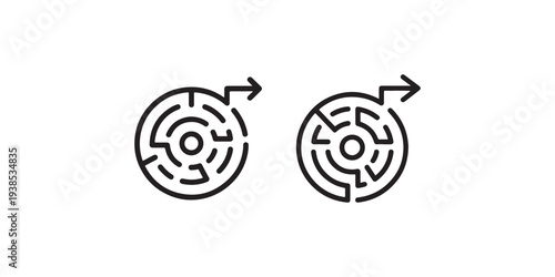 Two circular maze icons with arrows showing a path through complex paths and simple pathways for navigation and strategy concepts