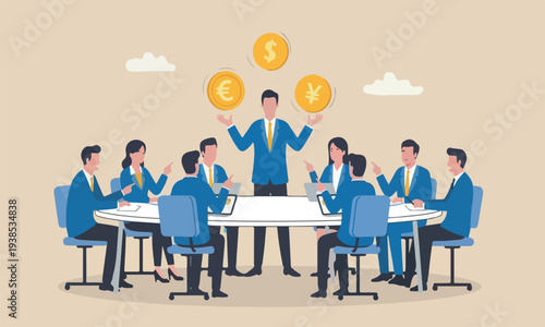 Forex, foreign fall together economic speculation concept, businessman expert juggling money currency coins, dollar, euro, pound, japan yen and Korean won.