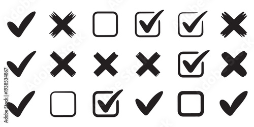 Hand-drawn checkmark and cross mark icons set. Vector illustration of doodle style ticks, crosses, and checkboxes for approval, denial, and selection.