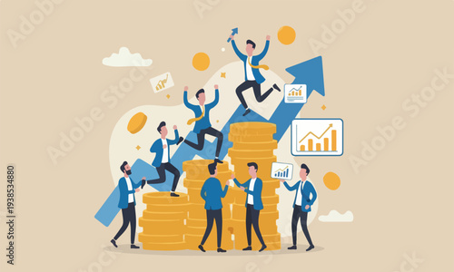 Pay raise salary earning up, career development or wealth management concept, happy businessman jumping on rising money coin stack