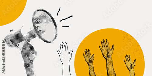 A hand holds a megaphone addressing a crowd raising their hands