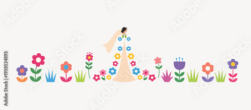 Bride wearing floral cape in a garden. Wedding and spring nature border. Flat design vector illustration