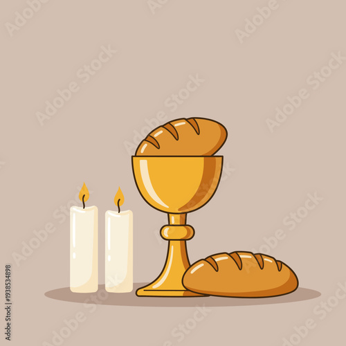 A vector illustration depicting a golden chalice with bread and two lit candles, symbolizing religious communion.
