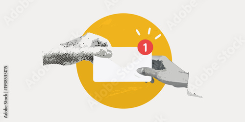 Hands reaching for an envelope with a notification icon inside a circle