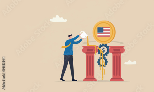 Financial or, policy on pillars to help lubricate economy concept, businessman put lubricant oil on machine gear of opening money dollar coin