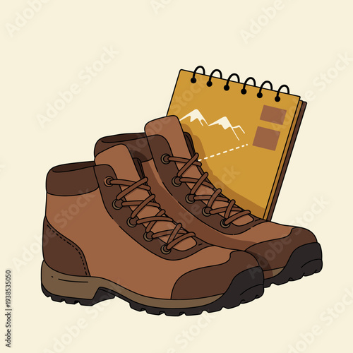 A pair of sturdy brown hiking boots are placed next to a notebook with a mountain map illustration.