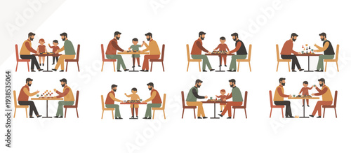 Father playing board games with children. Family leisure time and parenting concept. Flat vector illustration set