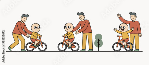 Father teaching toddler to ride a bike. Parenting support and child learning milestones. Vector outline illustration