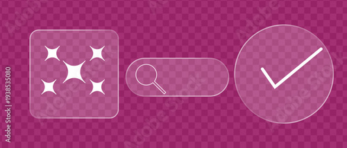Three translucent icons stars search and checkmark on purple background