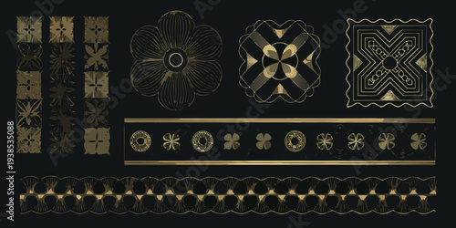 Golden geometric floral and ornamental patterns arranged on a dark background