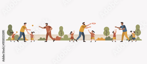 Fathers playing catch with children in backyard. Outdoor family activities and active lifestyle. Flat vector banner