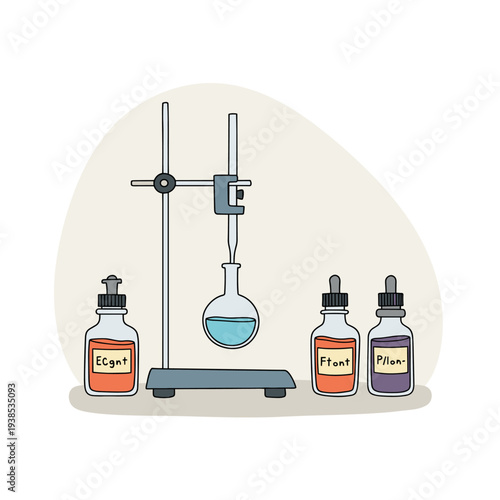 Illustration of a chemistry titration setup with a flask, burette, and reagent bottles.