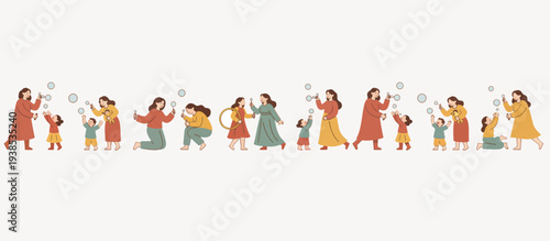 Mother blowing bubbles with toddler set. Family playing and bonding flat vector illustration
