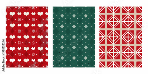 Three festive patterns hearts diamonds and triangles in red and green