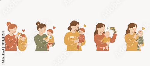 Mother checking baby temperature icon set. Sick child and thermometer healthcare symbols. Flat vector illustration