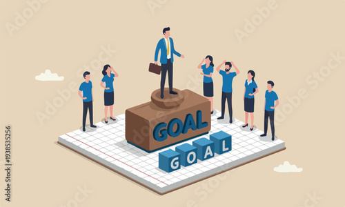Business goal or target by miniature businessman leader standing on wooden stamp with alphabet building the word GOAL on graph paper notebook with other people admiring