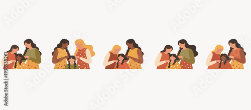 Mother braiding daughter's hair vector illustration. Diverse family bonding border pattern. Flat design parenting concept