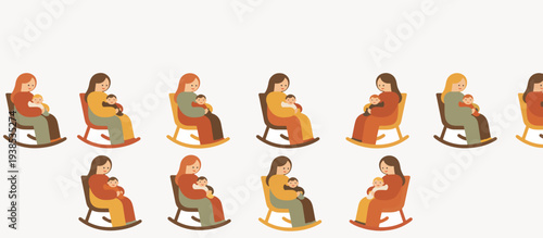 Mother cuddling baby in rocking chair pattern. Newborn sleep and nursery border. Flat design vector illustration