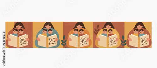 Mother reading bedtime story to children border. Family storytelling and education pattern. Flat vector illustration