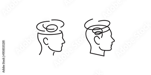 Mental health awareness icon featuring human head profile with tangled thoughts illustrating confusion and stress management for psychological counseling use