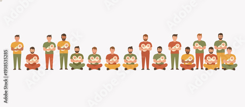 New father holding swaddled newborn baby. Flat design vector illustration of fatherhood and childcare. Diverse men with infants isolated on white background