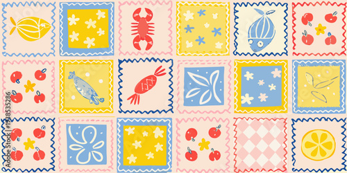 Colorful quilt pattern featuring charming illustrations of sea creatures and fruit