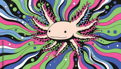Cute axolotl illustration with psychedelic wavy background in pink, green, blue, and black, representing regeneration and a unique, vibrant personality.