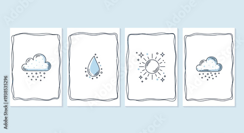Hand-drawn weather icons: rain cloud, water drop, sun with sparkles