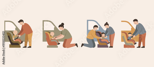 Parents buckling children into car seats. Flat design vector illustration of family safety and child transportation. Isolated minimalist characters securing toddlers in vehicle safety seats