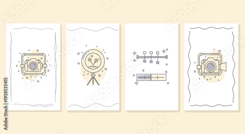 Photography and Videography Icons: Camera, Ring Light, Timeline, Editing Tools