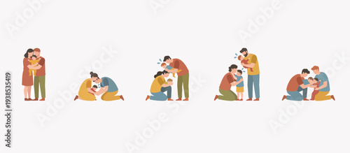 Parents comforting crying toddlers. Flat design vector illustration of emotional support and child care. Minimalist set of mothers and fathers soothing distressed children